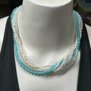 Blue and white twisted multi strand lightweight acrylic bead necklace